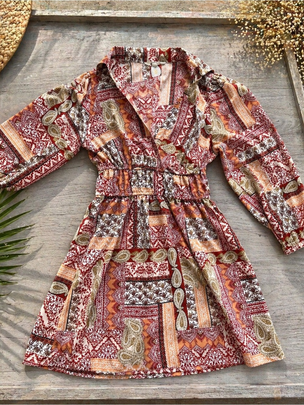 Boho Patchwork Print Long-Sleeve Dress in Rust